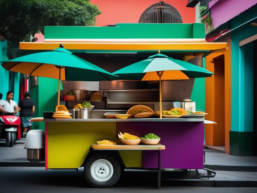 Comida callejera mexicana: Vibrante escena en la Ciudad de México con carrito de comida, platos deliciosos y colores auténticos