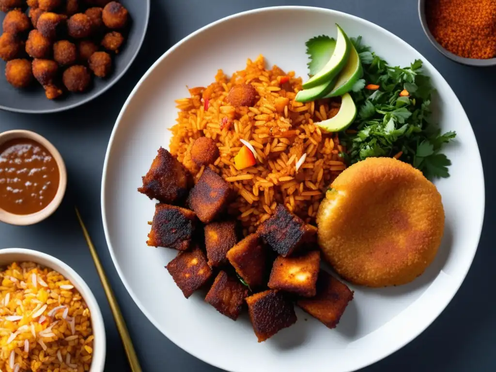 Un paseo por los sabores de la comida callejera en Nigeria: Jollof rice, Suya, y Akara fritters en una imagen minimalista y vibrante