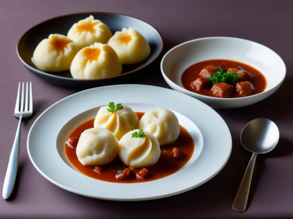 Gastronomía eslovaca: plato de knedliky con goulash, dumplings de patata servidos con estofado de carne tradicional