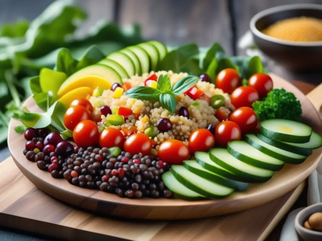 Colorido plato de quínoa, verduras frescas, hierbas aromáticas y toppings deliciosos