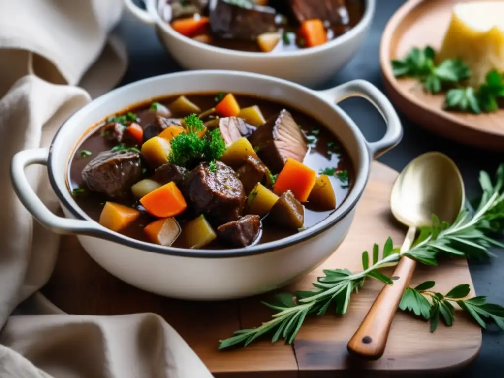 Estofado Irlandés: Mesa elegante con plato de cerámica, estofado caliente, vino y cubiertos