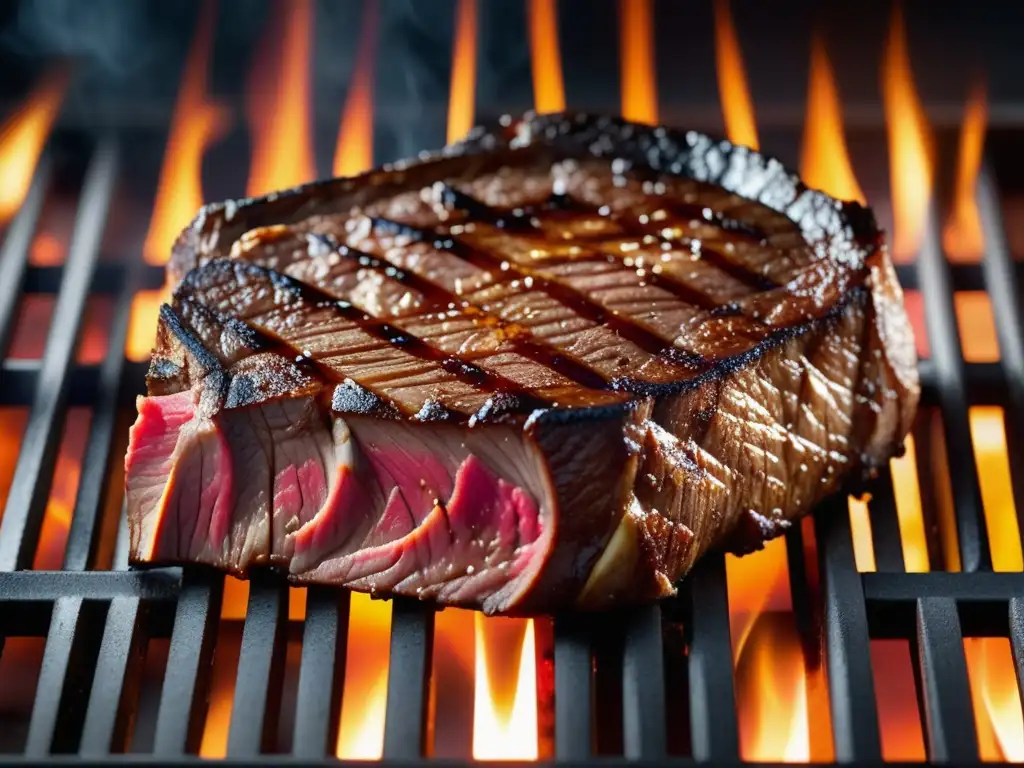 Imagen de parrilla 8k con carne perfectamente cocida, resaltando las técnicas de preparación a la parrilla