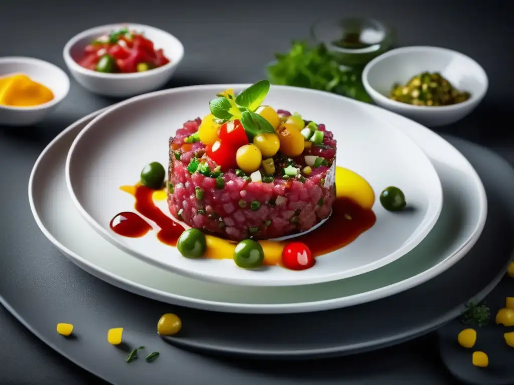 Una deliciosa presentación del mejor steak tartar, con colores vibrantes y texturas exquisitas