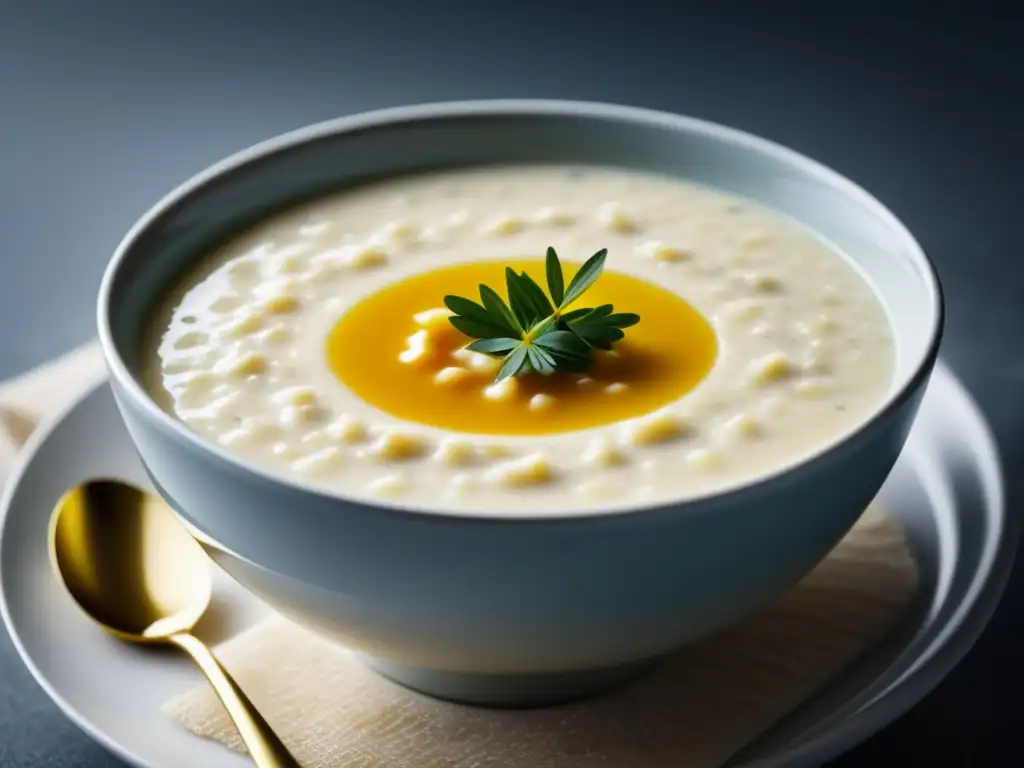 Sopa Escocesa de Avena: Textura, colores e ingredientes en un bol blanco con una crema de avena espesa, decorada con aceite de oliva y hierbas