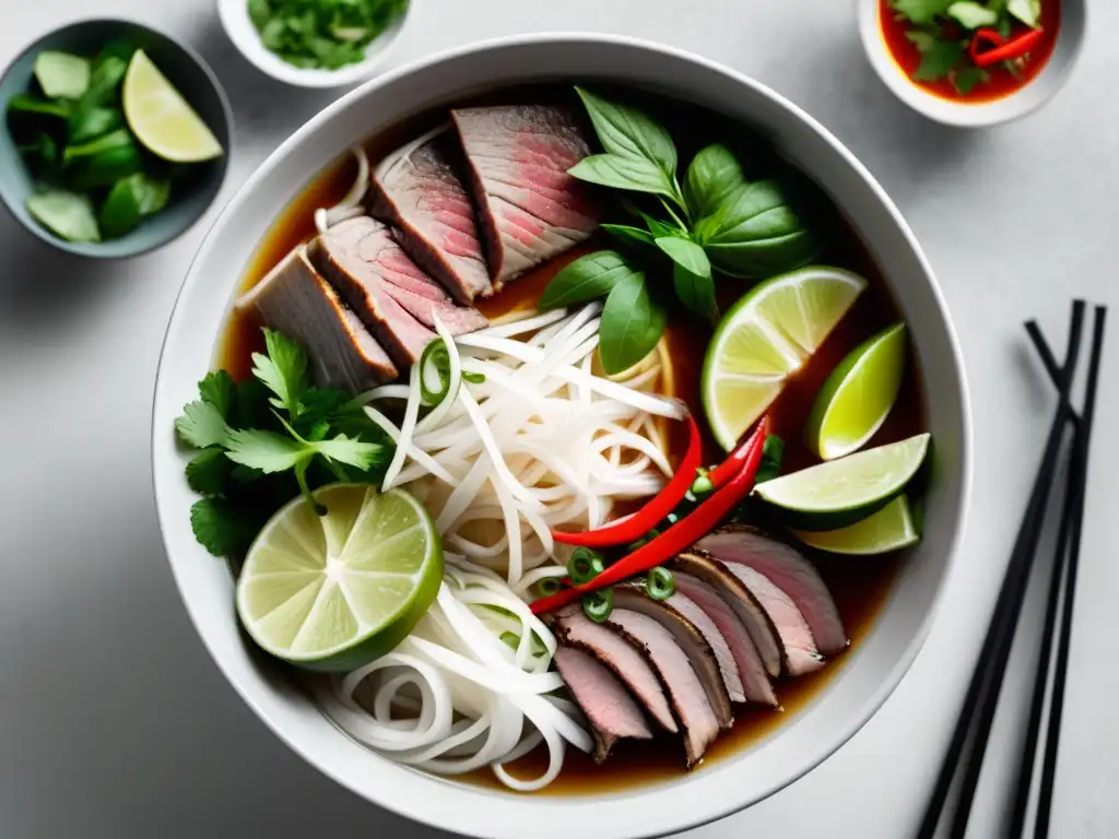 Bowl de Pho vietnamita con ingredientes vibrantes