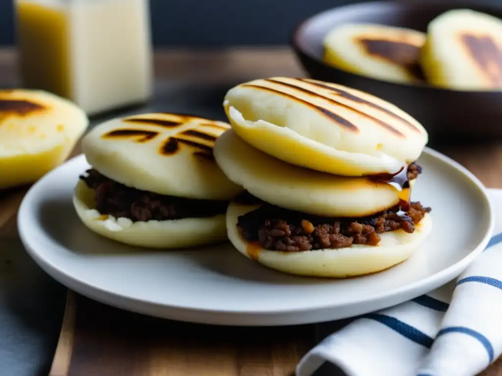 Arepas venezolanas: tres arepas doradas y rellenas de queso, carne y pollo, en un plato blanco