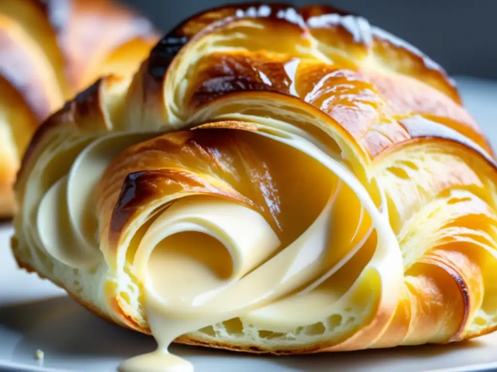 Delicioso croissant recién horneado con relleno cremoso y textura en la panadería