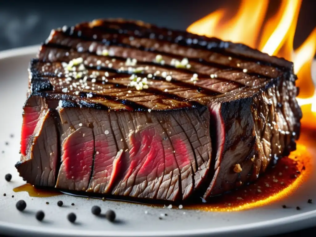 Una suculenta y perfectamente cocida carne a la parrilla, con grillados y jugosos detalles, resaltada por sal gruesa y pimienta recién molida