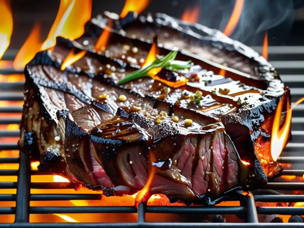 Delicioso filete a la parrilla con sal marina, pimienta negra, salsa y llamas danzantes - Ingredientes Imprescindibles de la Cocina Norteamericana