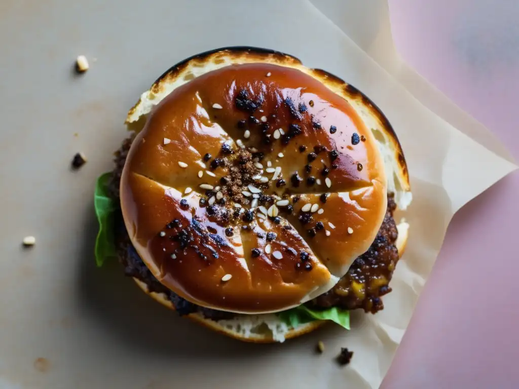 Delicioso hamburger con jugosa carne, perfectamente cocida y sazonada, en un pan tostado con semillas de sésamo