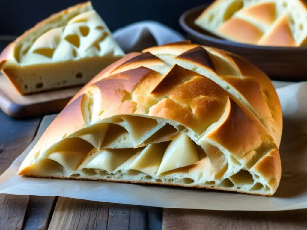 Panadería en cocina mediterránea: pan de pueblo, focaccia y pan pita en una composición minimalista y abstracta