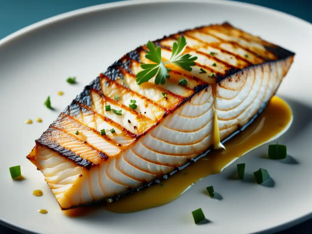 El arte de seleccionar el mejor pescado: Guía práctica - Imagen de un filete de pescado a la parrilla, dorado y tierno, en un plato minimalista blanco