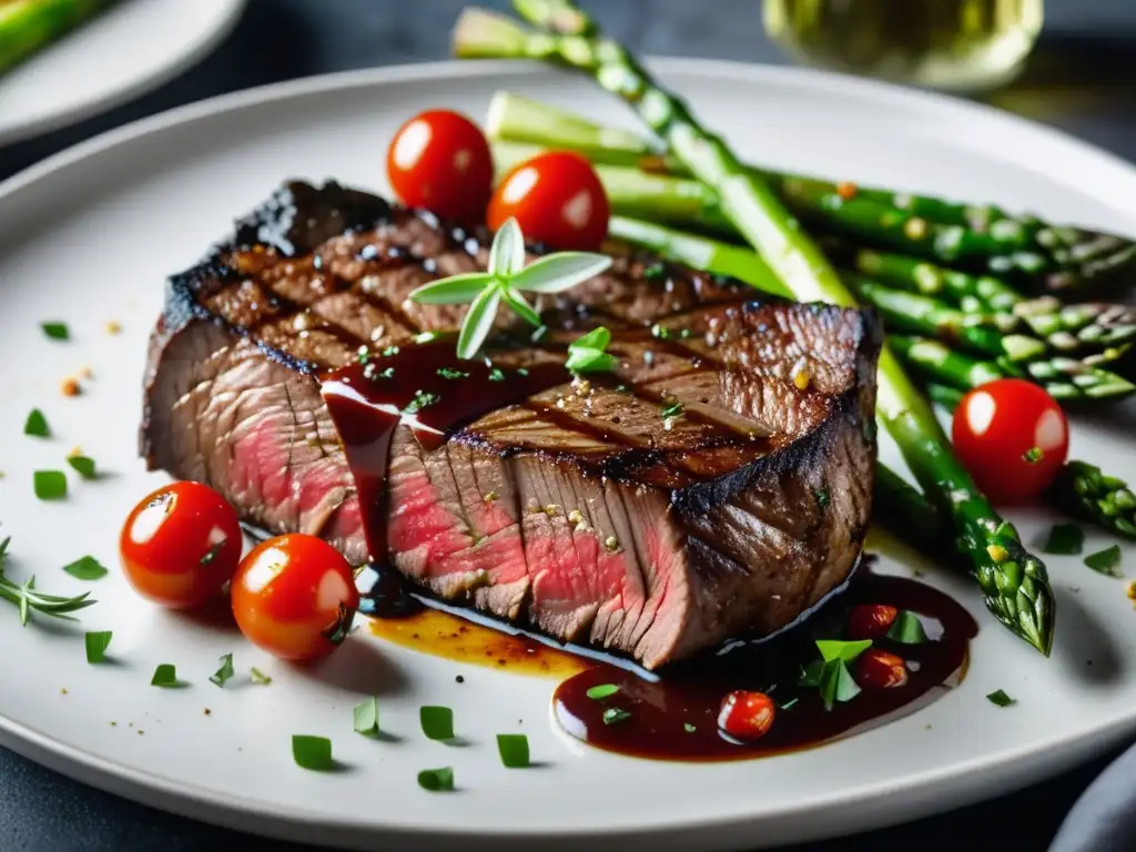 Plato gourmet: steak, asparagus, tomatoes, salsa brillante, hierbas frescas