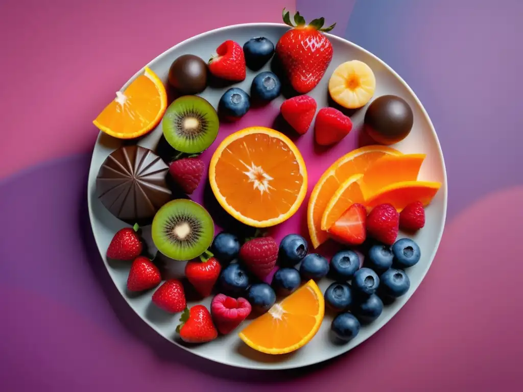 Deliciosa composición de frutas y chocolates en un plato