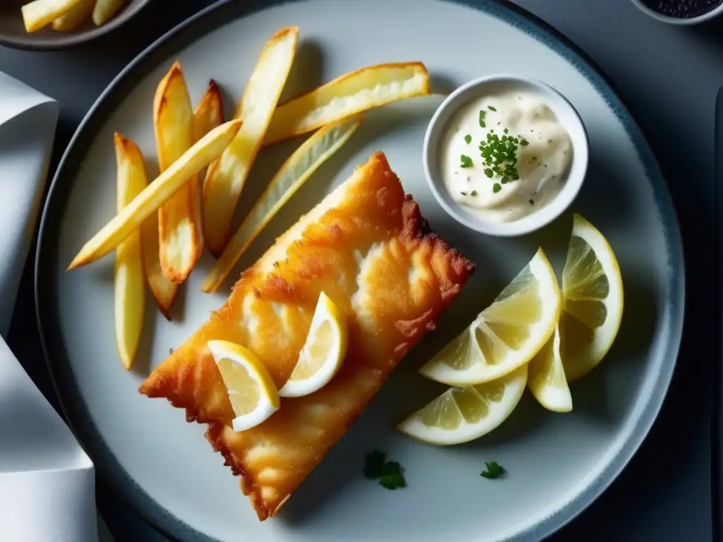 Delicioso Fish and Chips inglés: dorado y crujiente, con cod jugoso, chips de patata y toque de sal marina