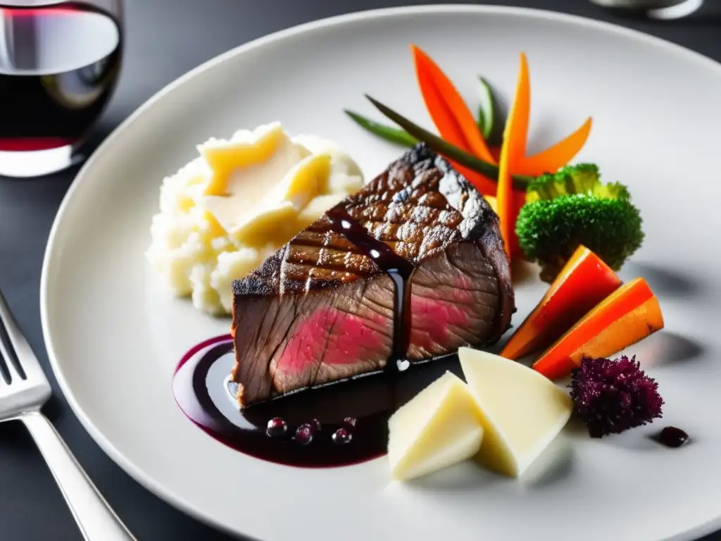 Alta cocina en casa: Plato gourmet con bistec, salsa de vino tinto, verduras asadas y puré de papas