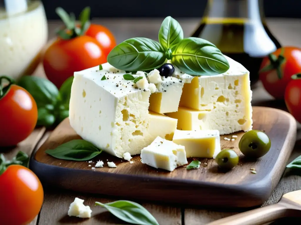 Los secretos del queso feta: La joya de la Cocina Mediterránea - Una imagen cercana de un trozo perfectamente desmenuzado de queso feta cremoso en una tabla de madera rústica, rodeado de ingredientes mediterráneos vibrantes como tomates cherry maduros, aceitunas jugosas, hojas frescas de albahaca y un chorrito de aceite de oliva dorado