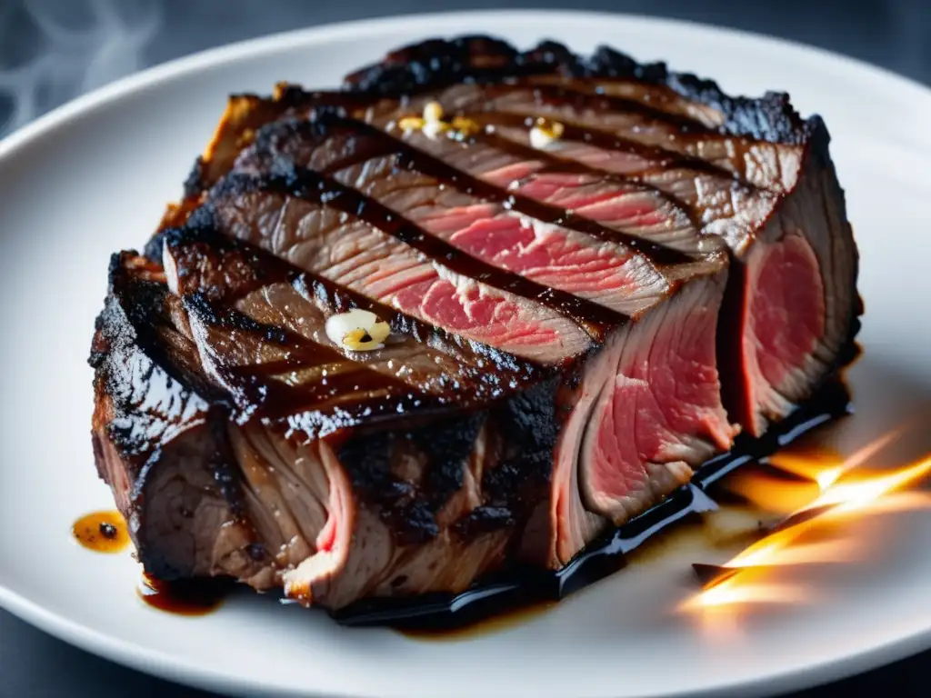 Un jugoso corte de carne ahumada, como un ribeye, se muestra en un plato blanco