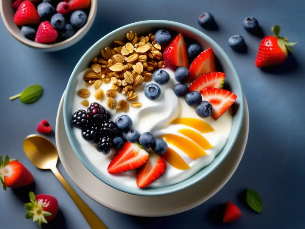 Yogur griego con granola, miel y frutas -