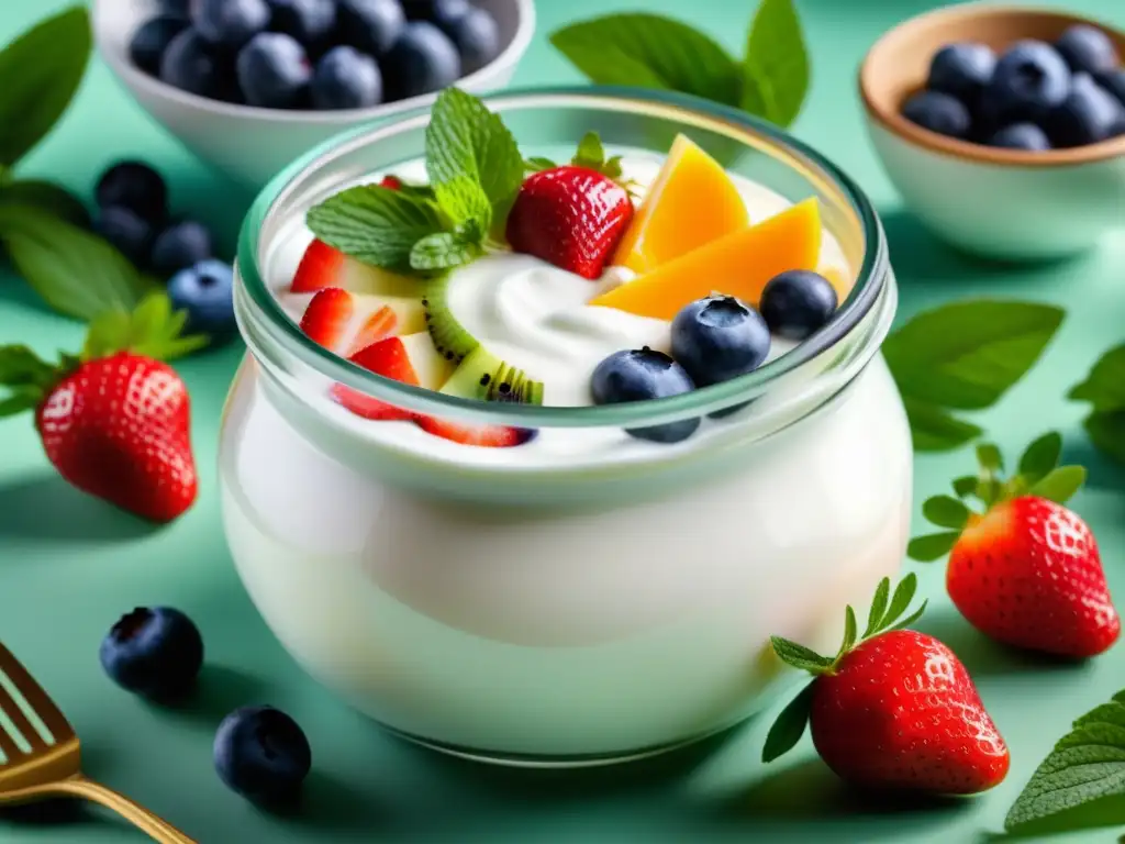 Yogur cremoso rodeado de frutas frescas y hierbas - El maravilloso universo de las leches fermentadas