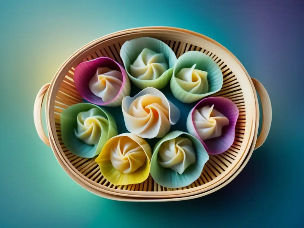 El Exquisito Arte de los Dumplings: Un Recorrido por Asia - Dumplings asiáticos coloridos y delicados en una cesta de vapor