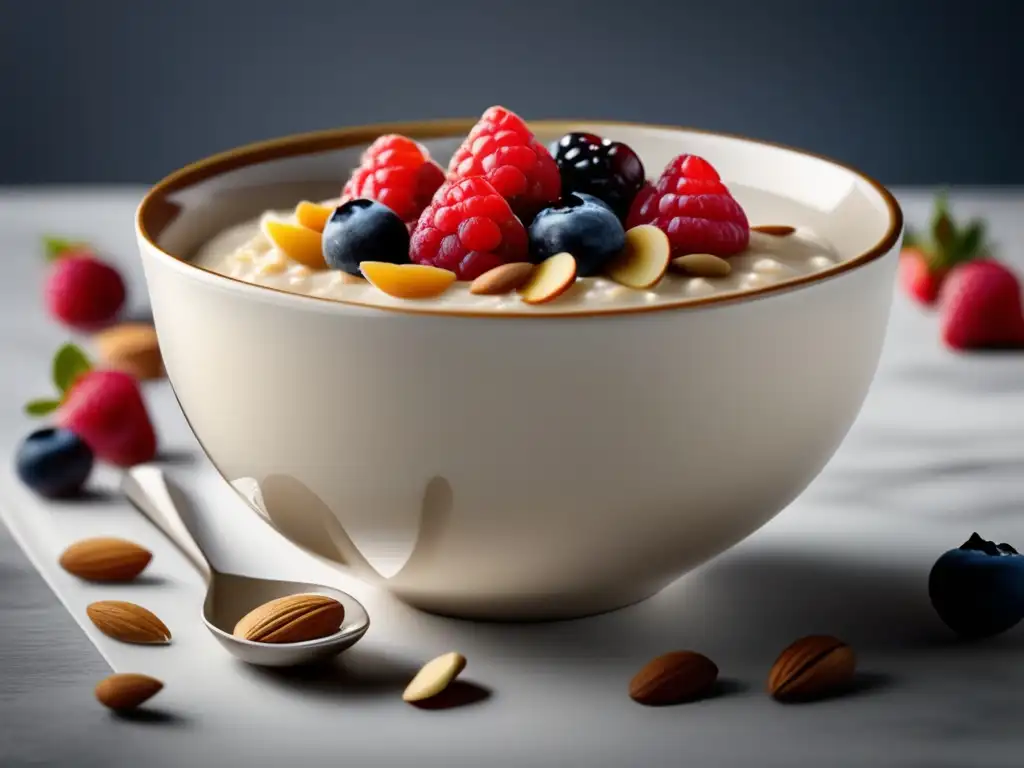 Desayuno sofisticado: Avena cremosa con bayas frescas y miel - 8k imagen de alta calidad