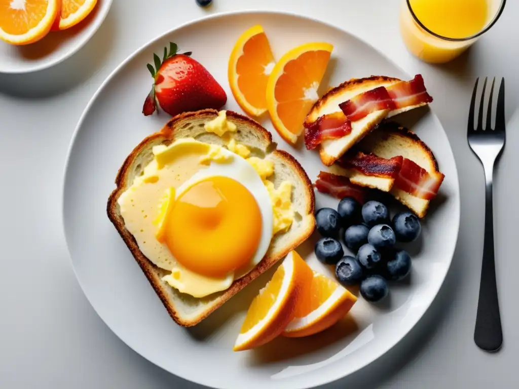 Desayuno americano con huevos revueltos, tocino crujiente, tostadas, frutas frescas y jugo de naranja