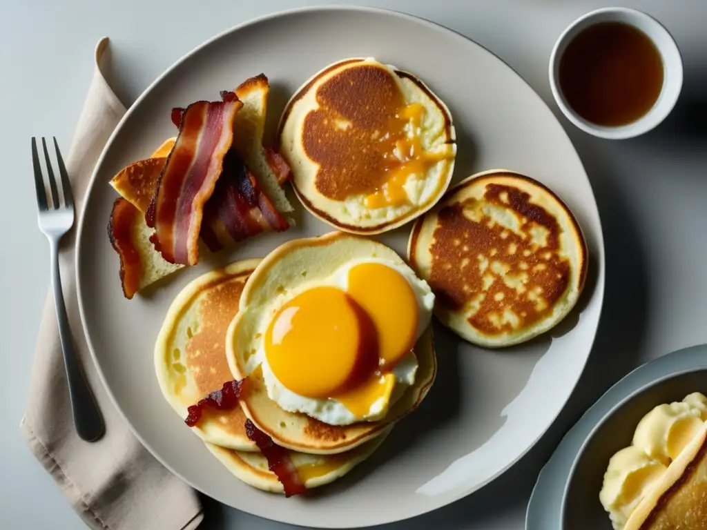 Desayuno americano: mesa minimalista con huevos revueltos, tocino, pan tostado, pancakes y biscuits con gravy