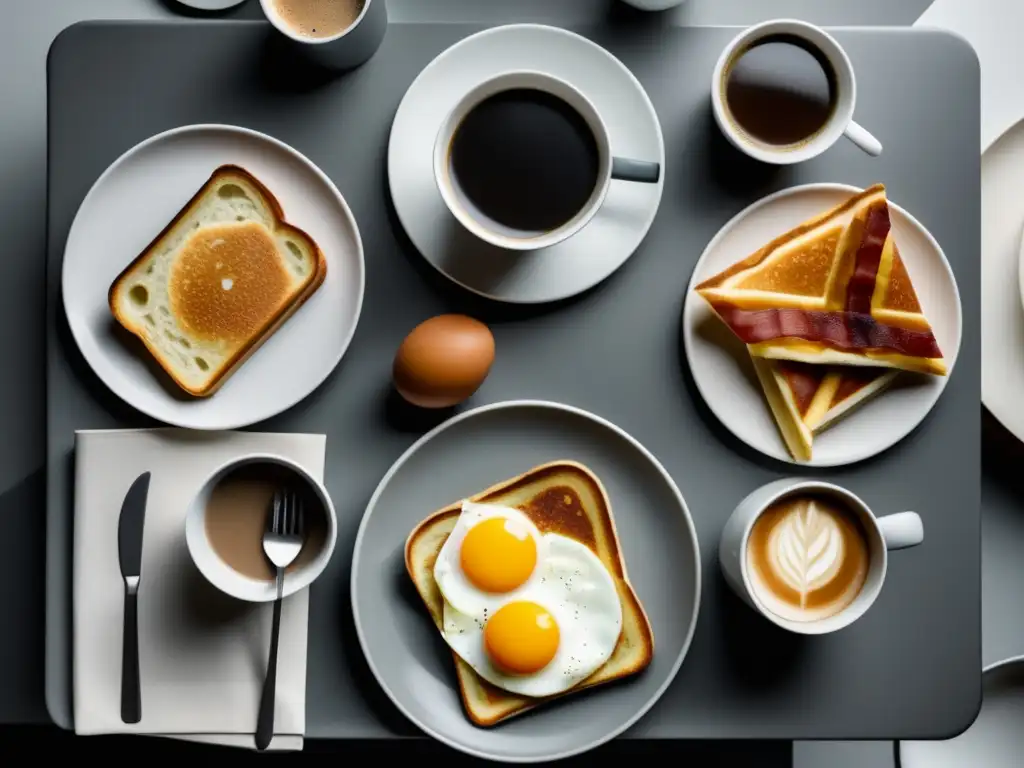 Desayuno americano minimalista con huevos, tocino, pan, panqueques y café