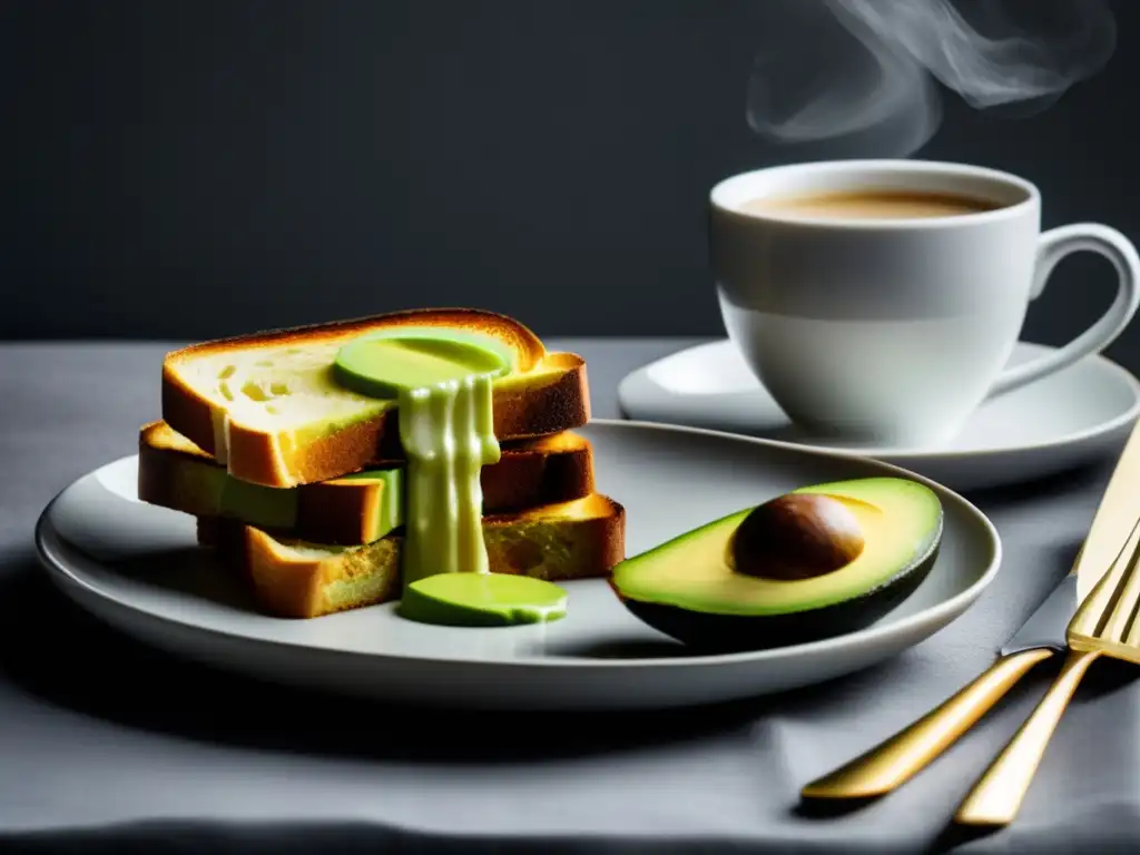 Desayuno saludable con tostadas de aguacate y café con arte latte