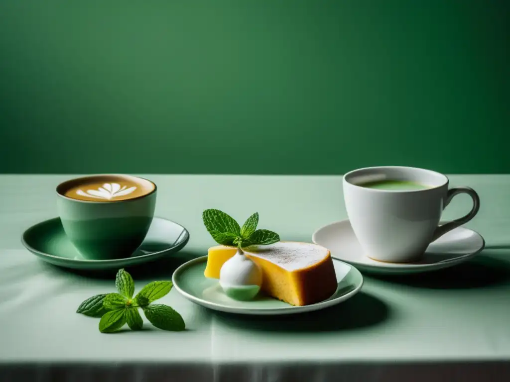 Desayuno saludable: mesa minimalista con café con leche, té verde con limón y café helado con menta, colores suaves y tranquilidad