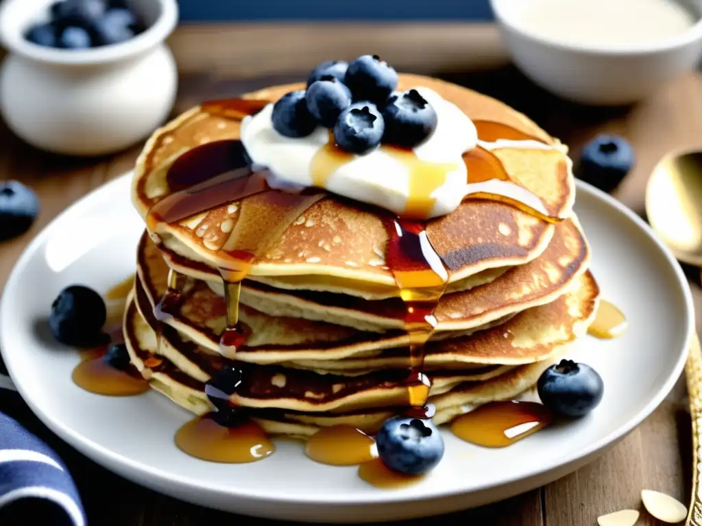 Deliciosos pancakes de avena integral con yogurt, arándanos y almendras