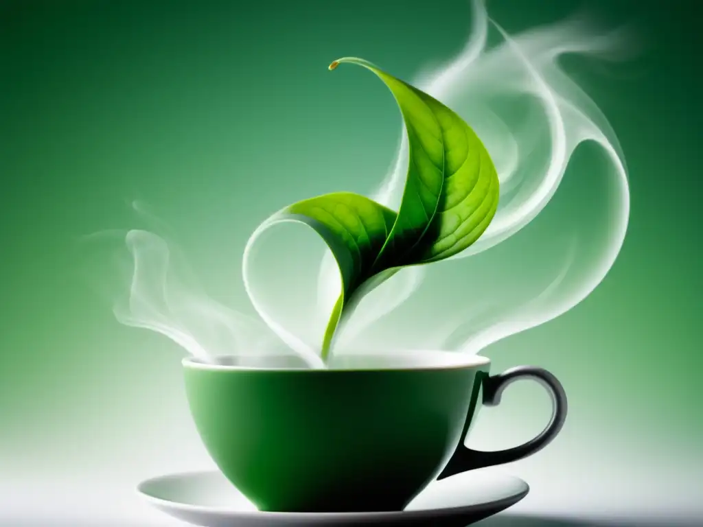 Imagen: Té: Una Mirada Profunda a sus Orígenes y Variedades - Hoja de té verde desplegándose en una taza de agua caliente