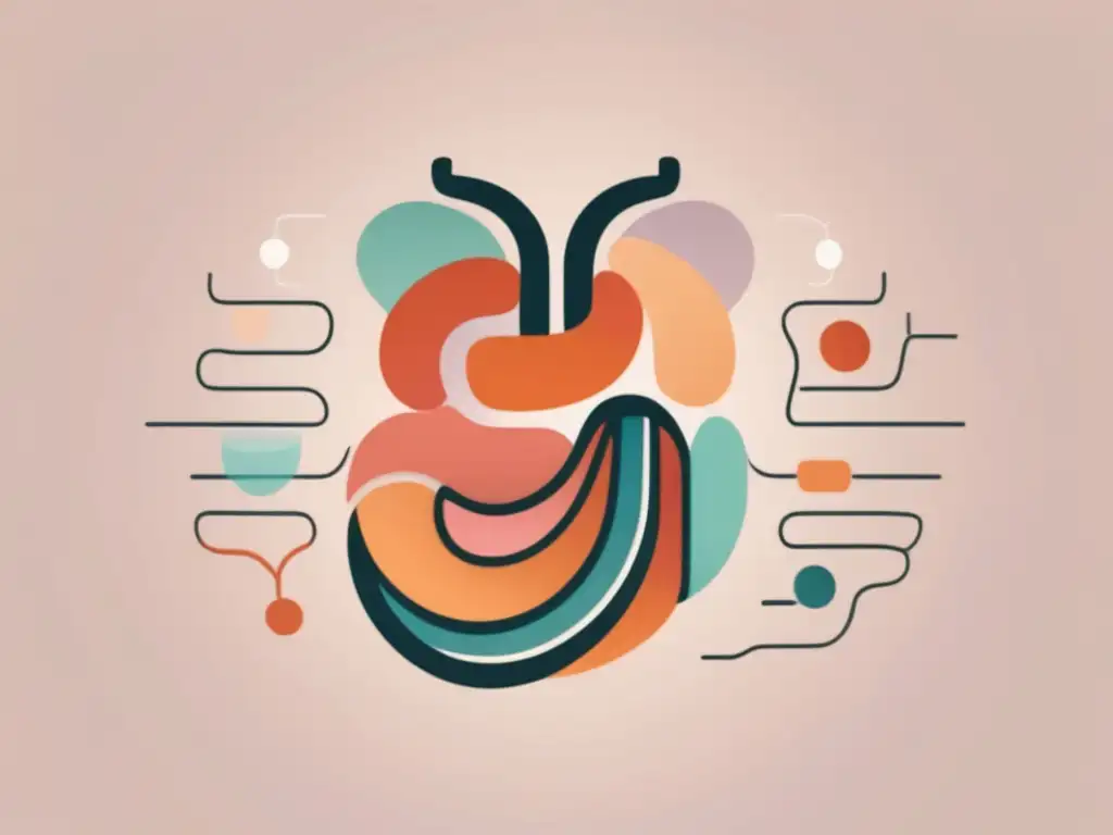 Ilustración minimalista del sistema digestivo con estómago, intestinos y órganos, en tonos suaves