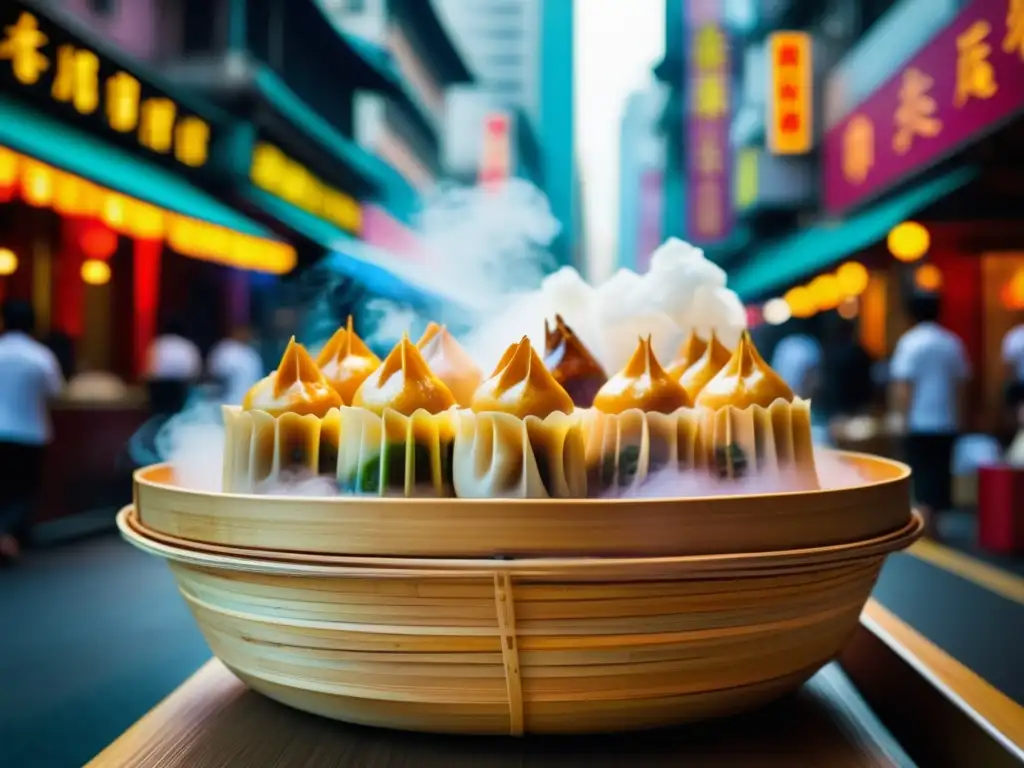 Festival del Dim Sum en Hong Kong: cesta de bambú llena de coloridos y elaborados bocados, en una calle bulliciosa