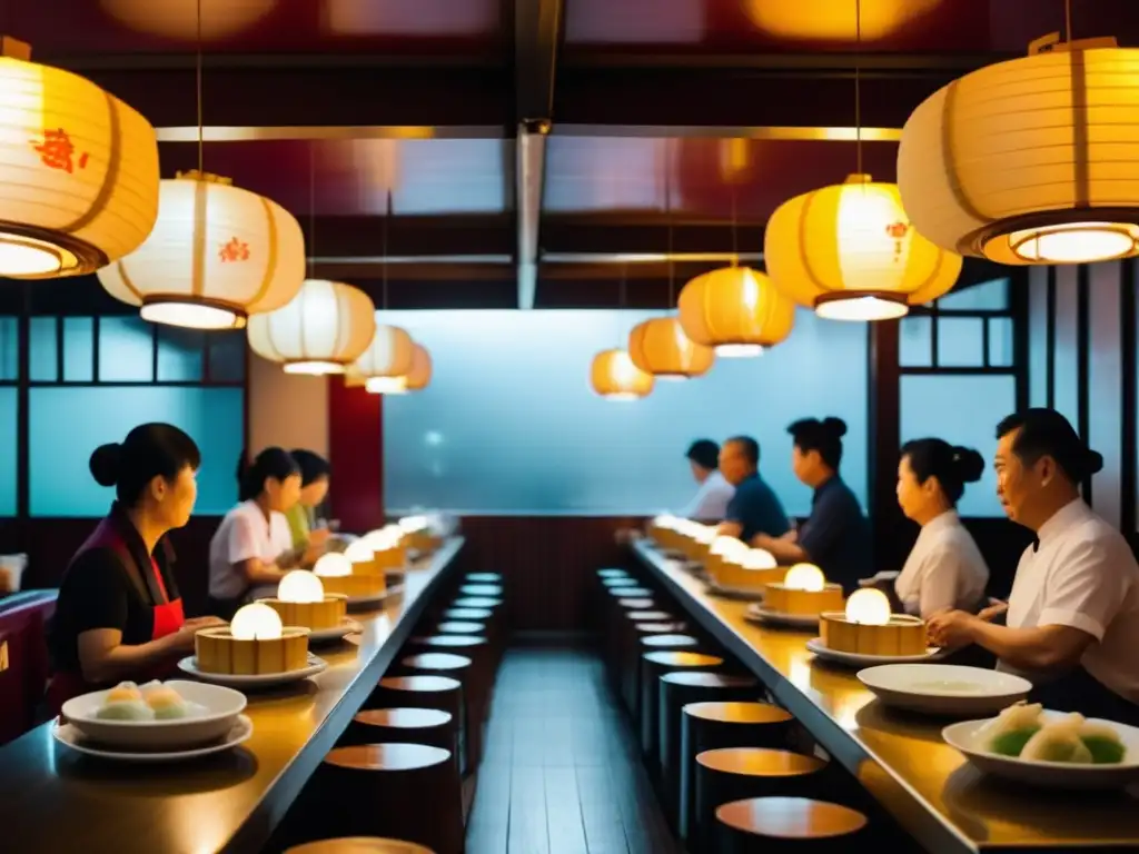 Festival Dim Sum Hong Kong: Restaurante vibrante con mesa comunal llena de delicias, chefs preparando dumplings y ambiente festivo