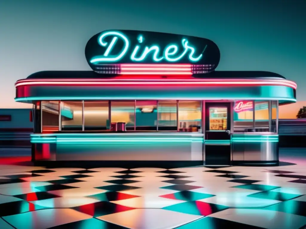 Diners americanos: Imagen minimalista de un icónico diner americano, con diseño retro, exterior cromado y suelo ajedrezado