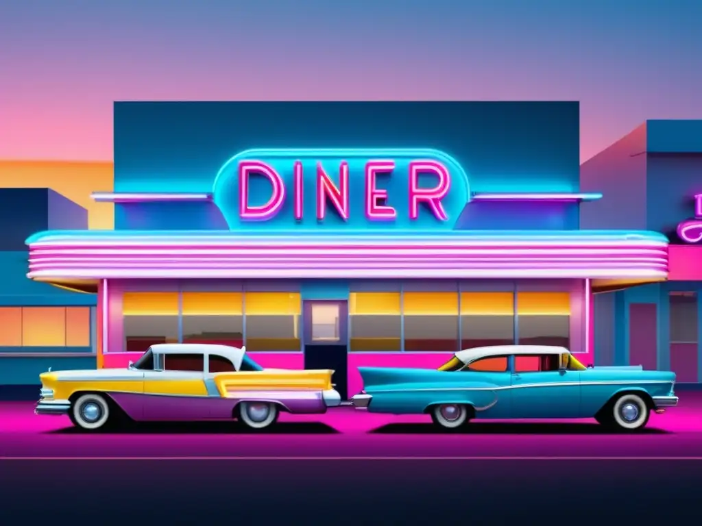 Diner americano con colores vibrantes y detalles retro en una ciudad animada - Diners americanos