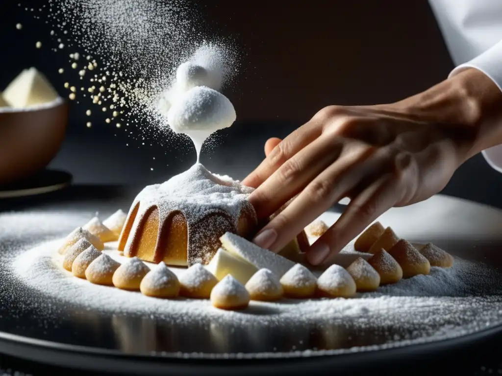 Mano de chef espolvoreando azúcar en postre con anillo plateado: Cocina de cine