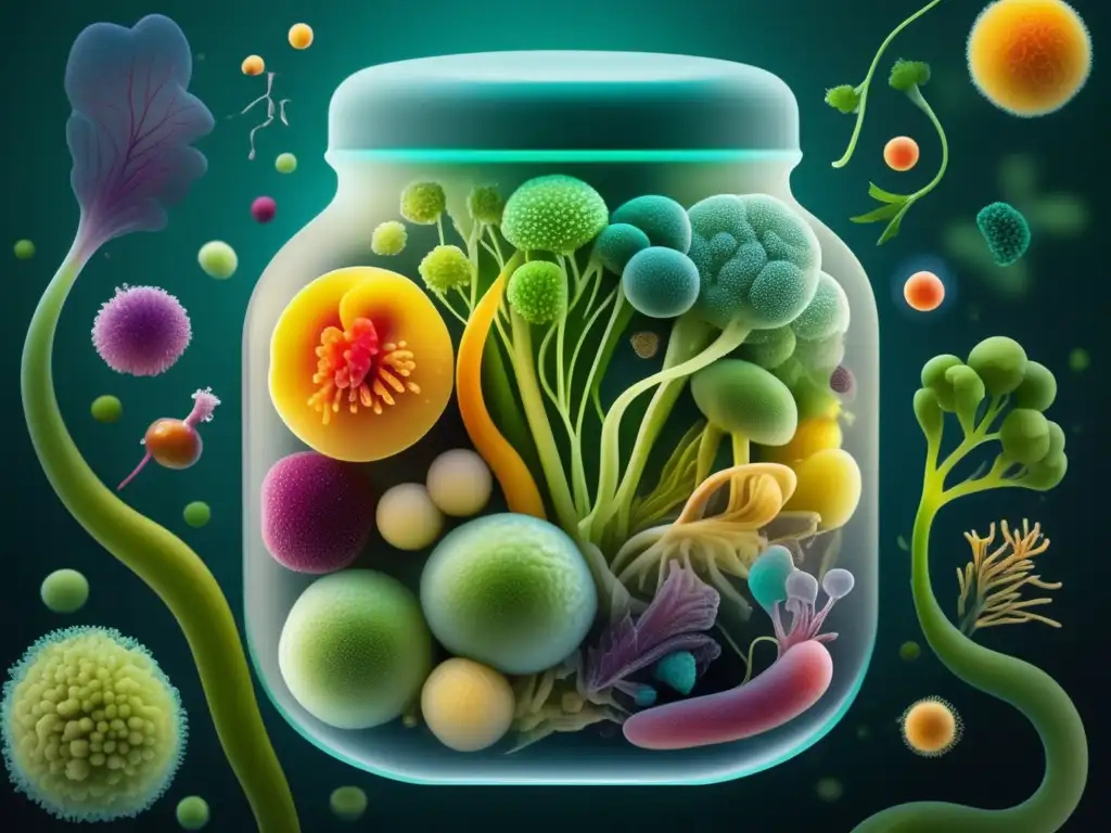 Ecosistema vibrante de microorganismos en fermentación de vegetales