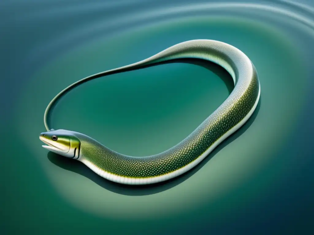 Anguila nadando en río: minimalista y abstracta; cuerpo verde y plateado, agua azul