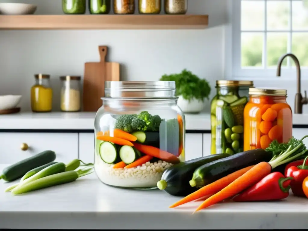 Encantadora cocina blanca con tarro de vegetales fermentados