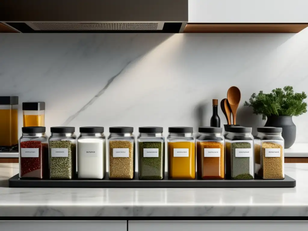 Doma el sabor: Sazonadores en una cocina minimalista, elegante y organizada