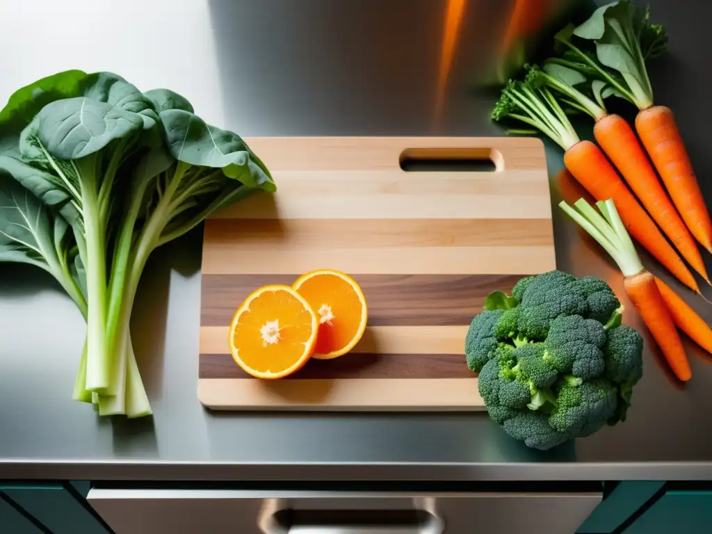 Hortalizas en cocina alcalina con diseño moderno, saludable y vibrantes colores