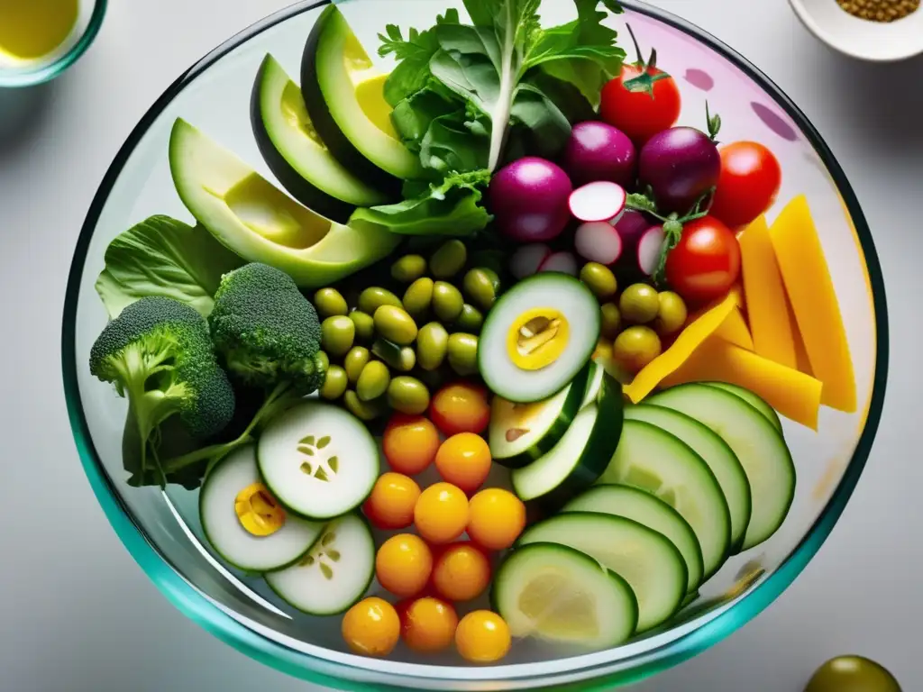 Ensalada vibrante del Oriente Medio con ingredientes coloridos y frescos en un cuenco de cristal transparente