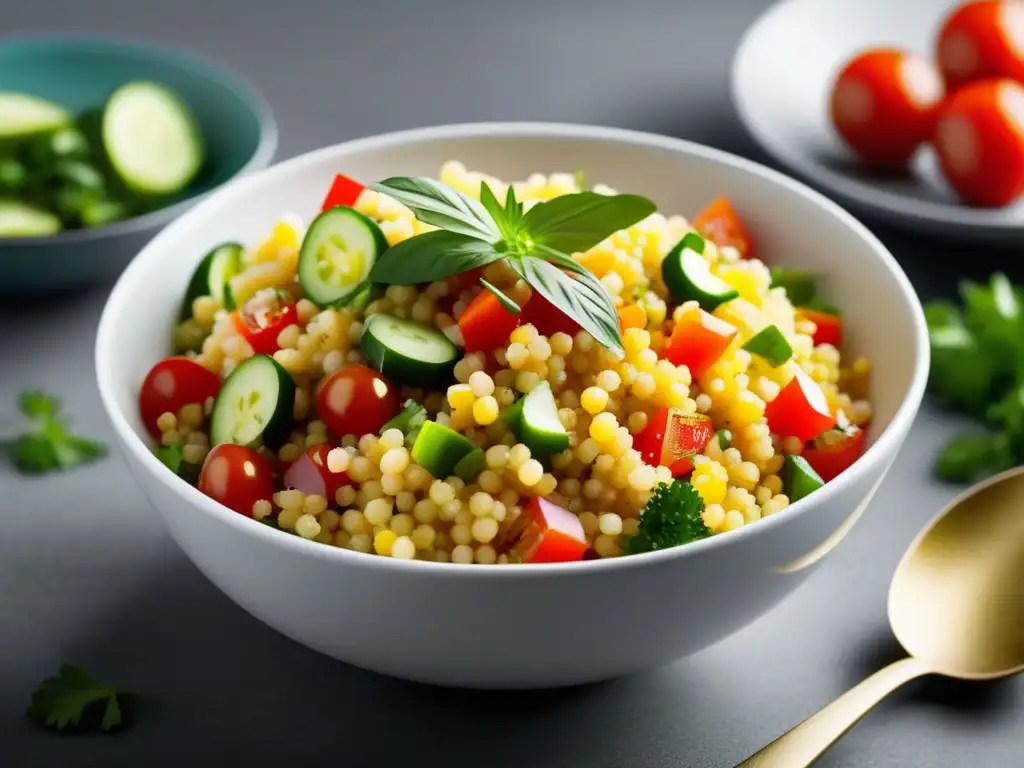 Ensalada de couscous vibrante con vegetales coloridos y aceite de oliva -