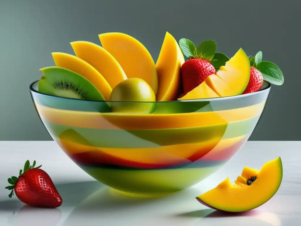 Fruta fresca para ensalada: una composición colorida y artística de mango, fresas y manzanas en un tazón de vidrio transparente