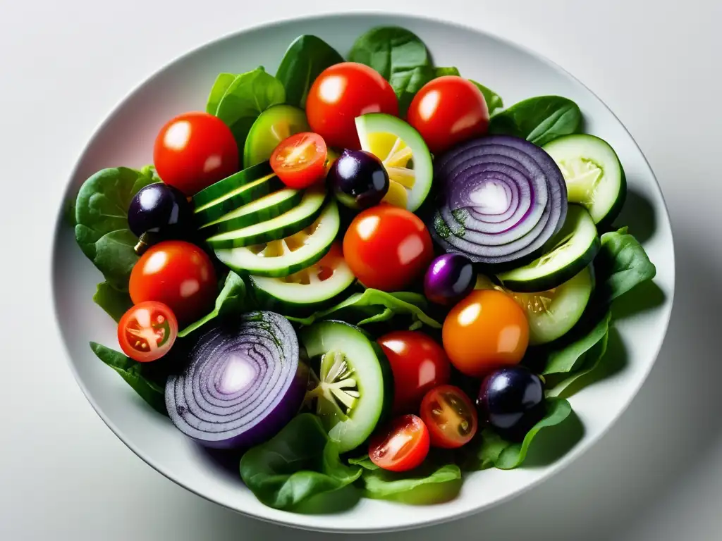 Ensalada mediterránea vibrante y colorida, con ingredientes frescos y saludables