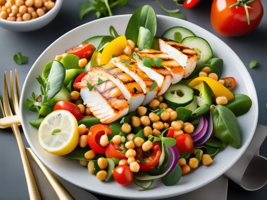 Ensalada mediterránea vibrante con mariscos, legumbres y frutos secos