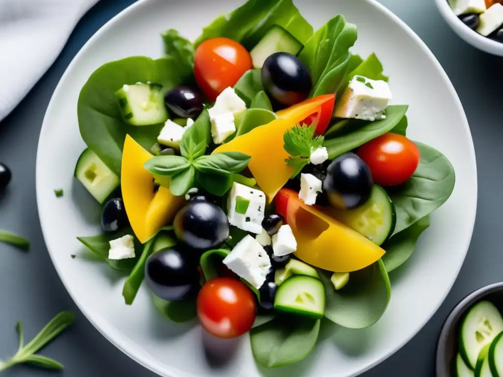 Imagen: Ensalada Mediterránea vibrante y saludable con tomate rojo, lechuga verde, pepino, aceitunas negras y queso feta